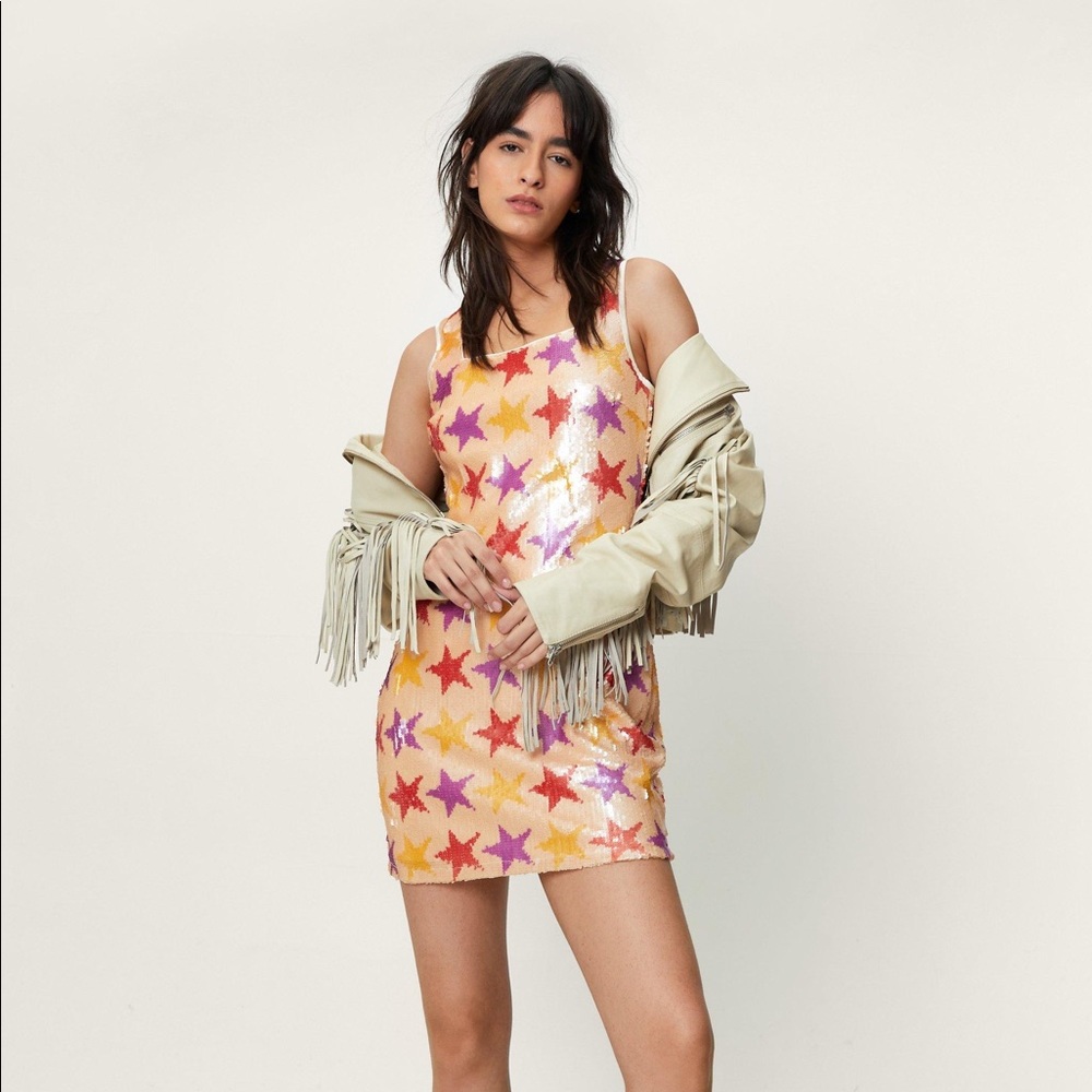 NWT Star Sequin Square Neck Bodycon Mini Dress